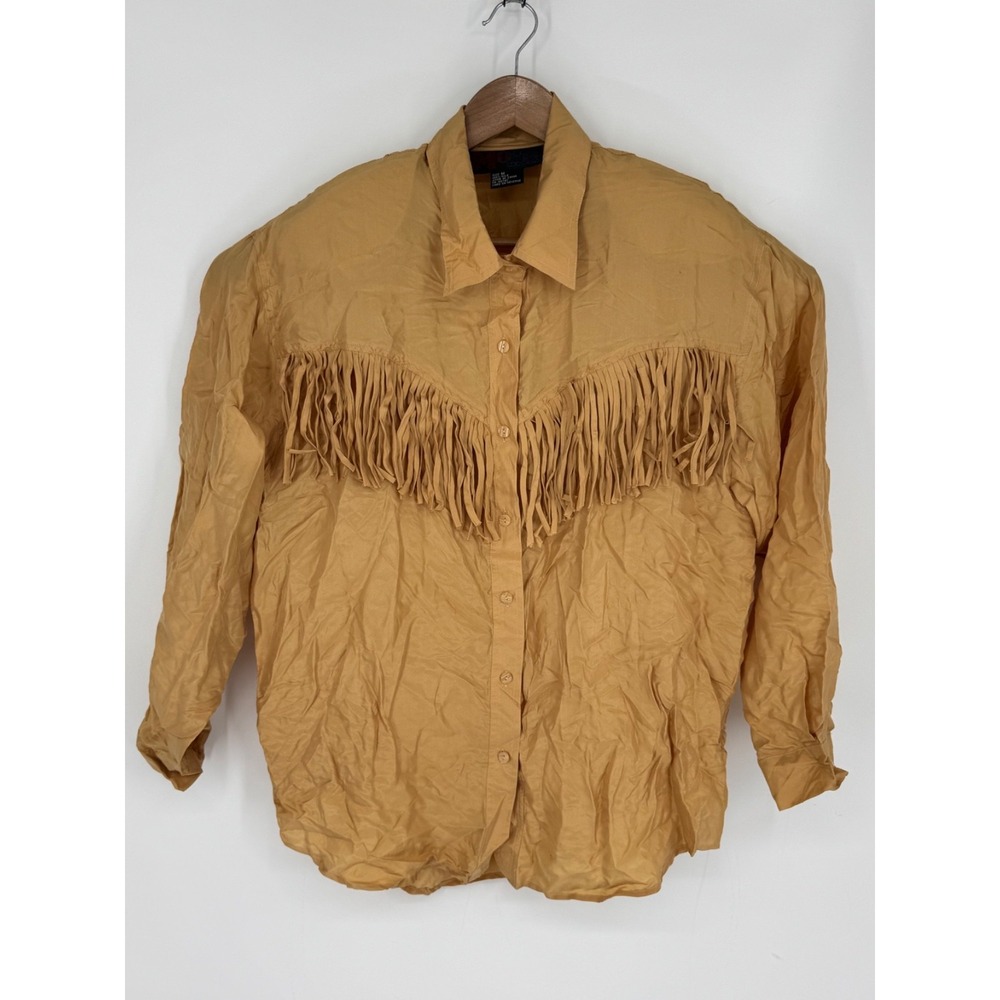 Vtg Moda BB Dakota Silk Fringe Shirt Women's Size Medium Western 1980s Gold F4